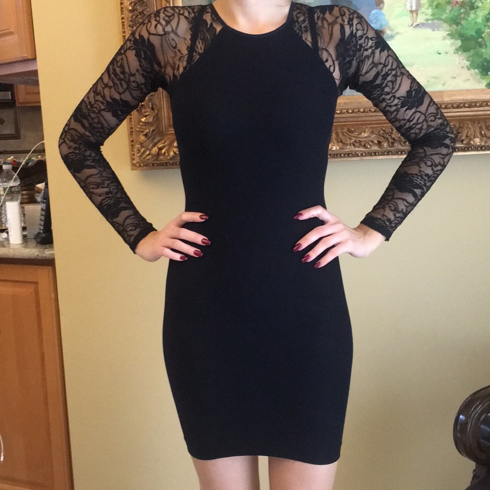 Bebe black lace sleeves bodycon dress